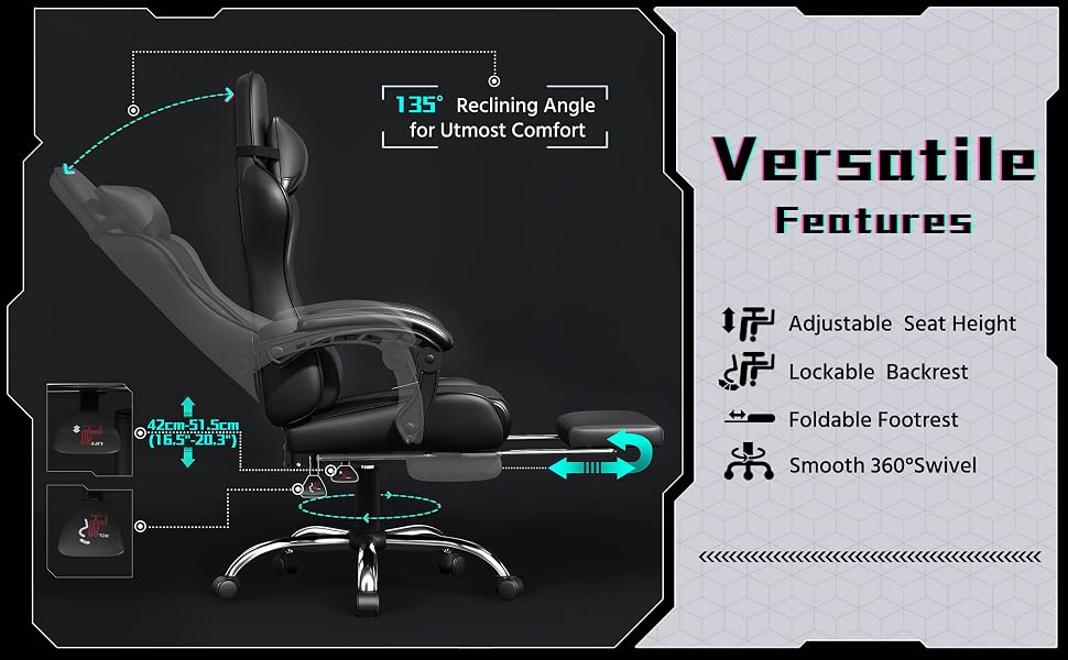 Ігрове крісло Yaheetech Ergonomic Gaming Chair з функцією масажу, підставкою для ніг та регулюванням спинки 90-135°, офісне крісло для геймерів та дому, чорне