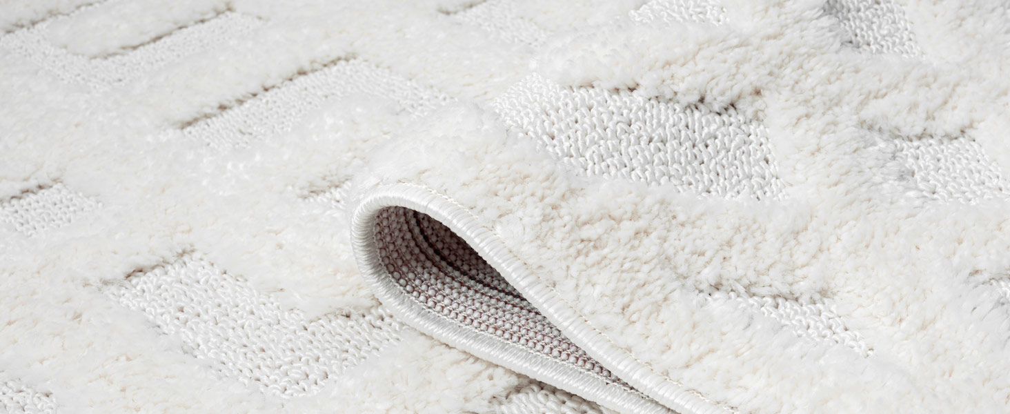 Килим для вітальні та спальні 120x170 см, кремовий, з високим ворсом, візерунок ромбі, 3D-ефект, стиль бохо/сканді