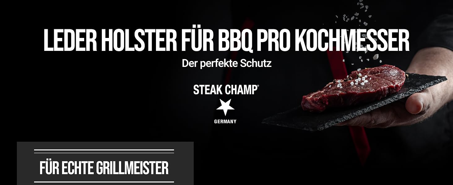 Ніж для стейків Steakchamp 22 см для кухні та BBQ, сталь високої якості, ручне заточування, з антиковзкою ручкою, чохол зі шкіри