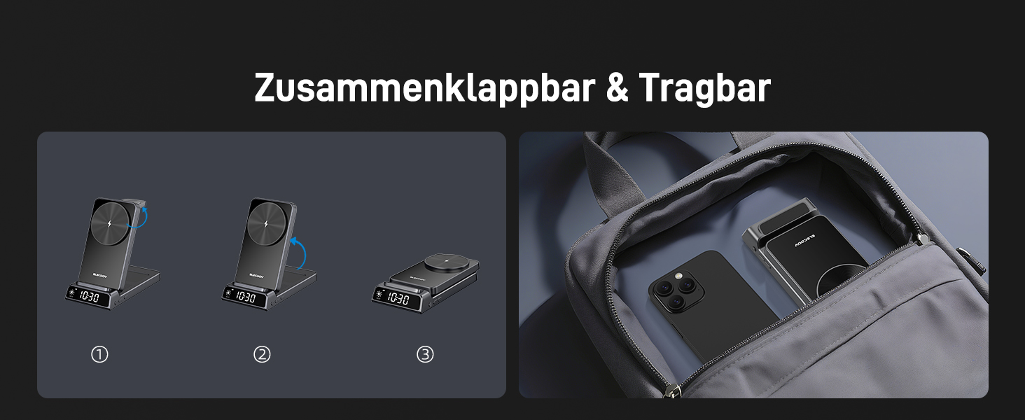 Зарядна станція 3-в-1 бездротова для iPhone, Apple Watch, AirPods, з годинником, для подорожей