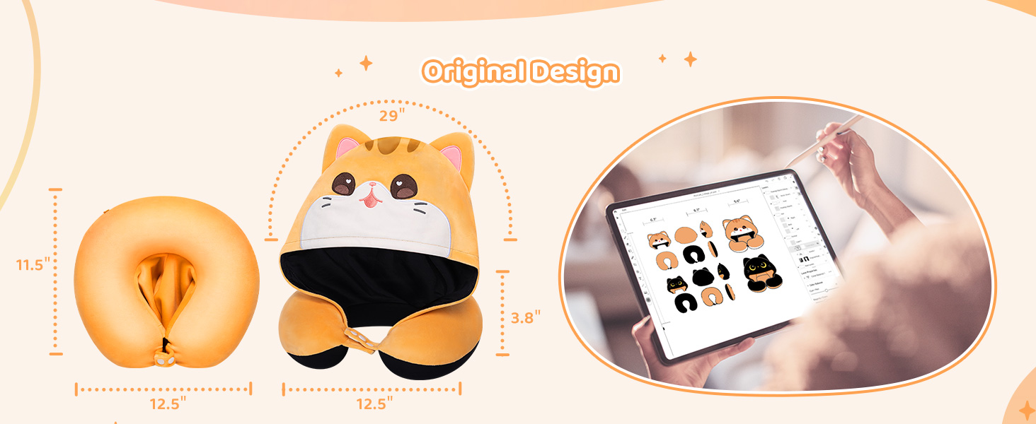 Подушка для шиї Mewaii для подорожей, двостороння подушка для дорослих, подушка для шиї з memory foam для літаків, обертова подушка для шиї з котячим капюшоном, регульований ремінь, чорний, перекидний