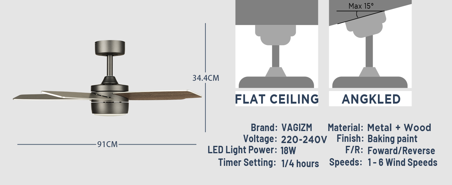 Стеляний вентилятор 91 см для маленьких кімнат: сучасний вентилятор з регульованим освітленням та дистанційним керуванням – реверсивний, тихий, з 6 швидкостями для маленьких спалень - 230V бронза+горіх