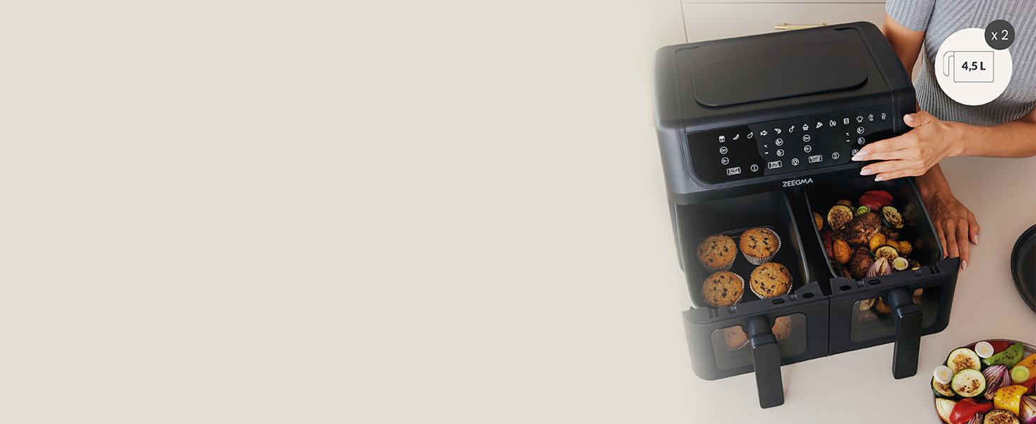 Фритюрниця з гарячим повітрям ZEEGMA KNAPPER DUAL, 1700 Вт, 2 відсіки, 9 л, таймер 60 хв, 11 програм, 60-200 °C, швидкий нагрів, сенсорне керування, чорний
