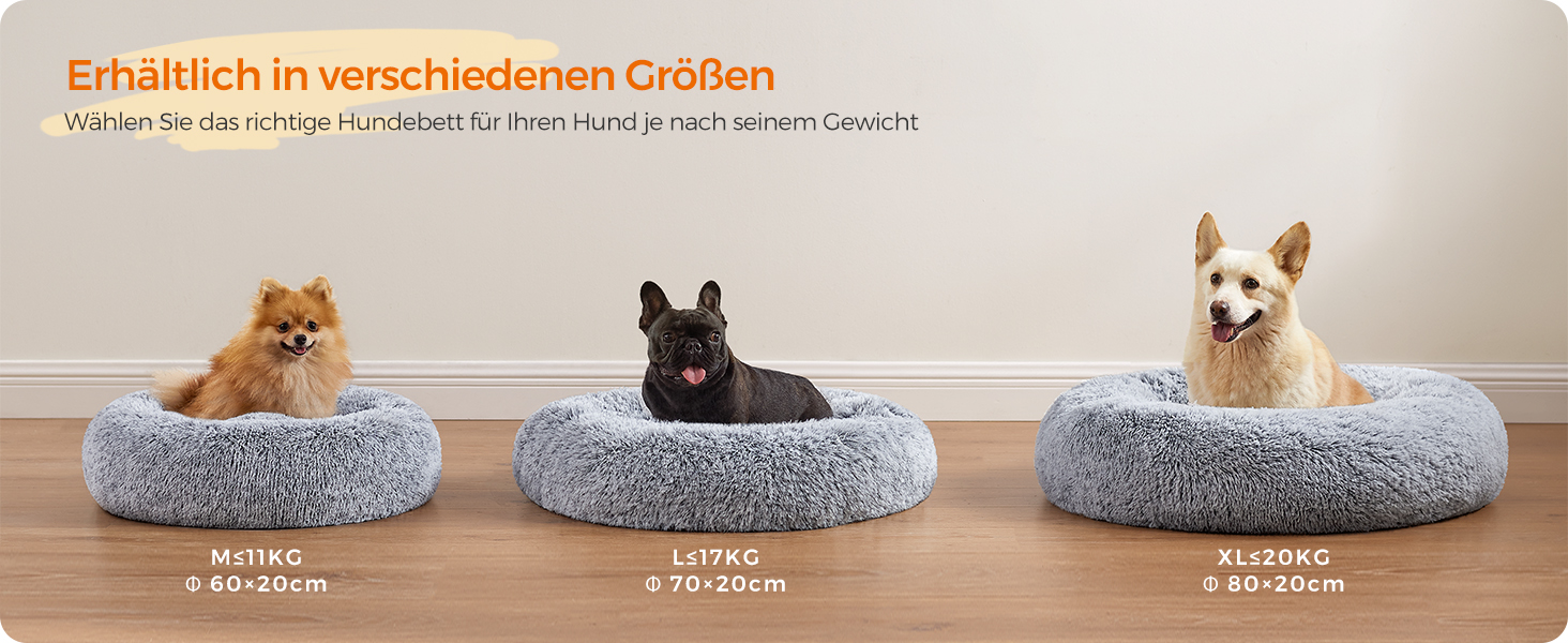 Кругле ліжко для собак та котів Feandrea з м'яким плюшем, діаметр 60 см, сірий колір, знімний наповнювач, 60 x 60 x 20 см