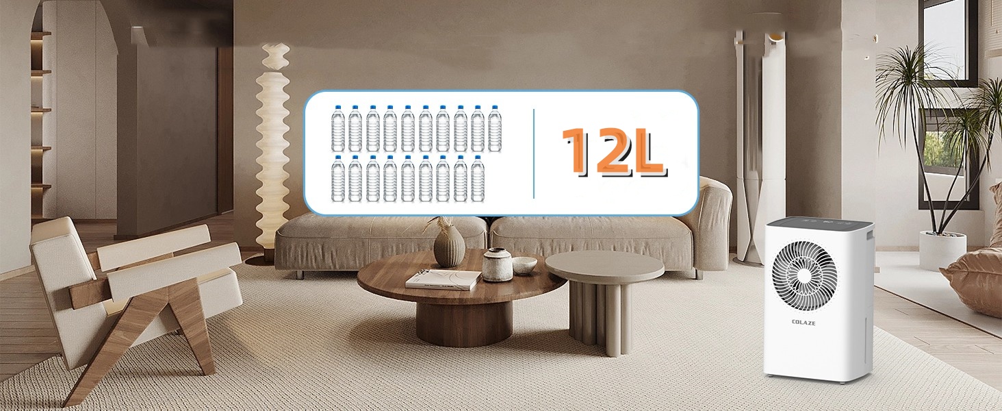 COLAZE 12L/24h Dehumidifier - Electric Dehumidifier Suitable for Room Sizes 120m³ (30m²) - Dehumidifier with Automatic Defrost & Water Level Warning - Room Dehumidifier Under 36dB for Apartment, Basement