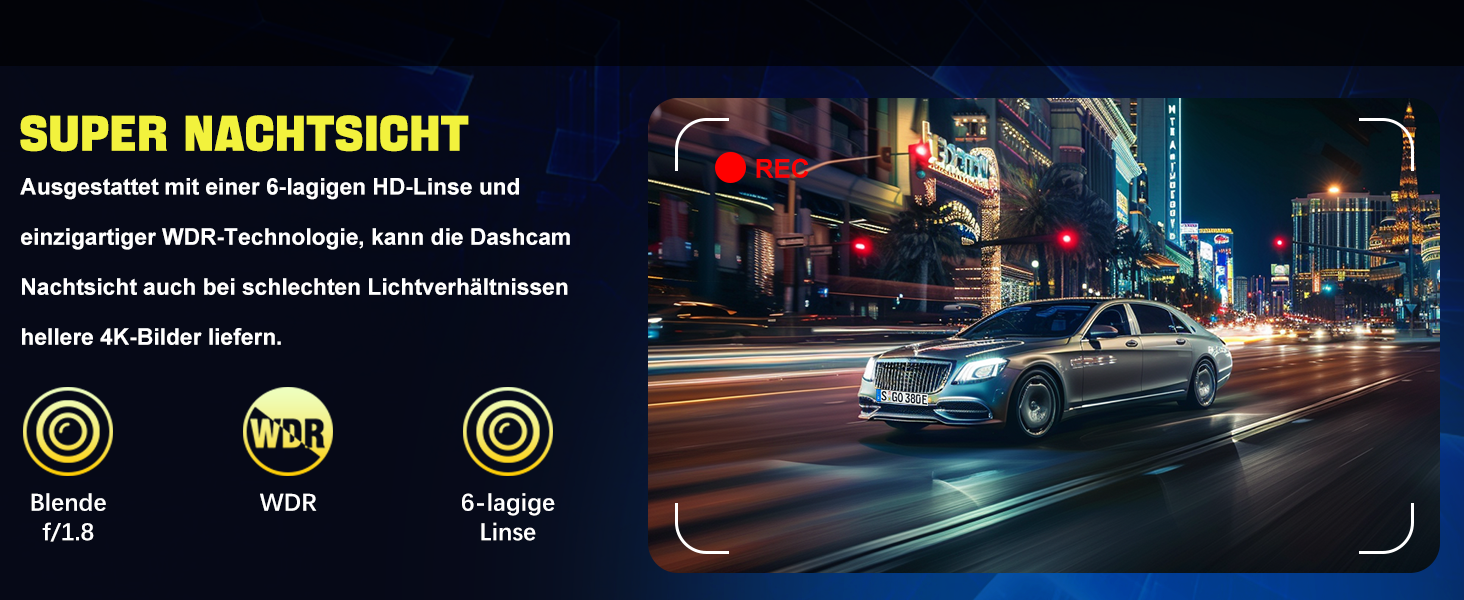 Відеореєстратор AQV Dashcam Auto Vorne und Hinten 4K з WiFi, 64GB SD, G-сенсор, Super Night Vision, 170°+140° Кут огляду, Black-D18