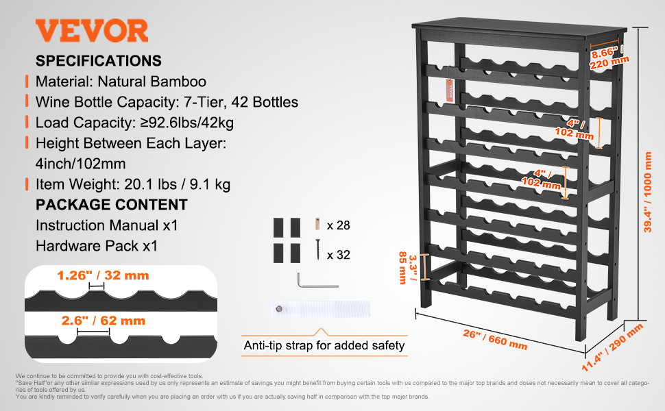 Стійка для вина VEVOR на 42 пляшки: 7-ярусна стійка з масиву бамбука, для кухні, бару та льоху (чорний)