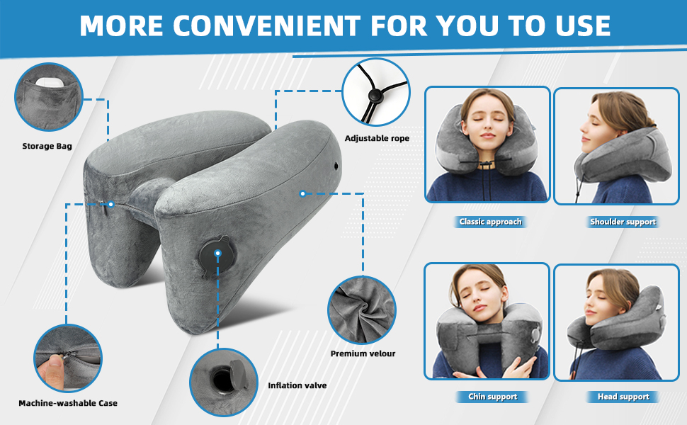 Подушка для шиї в літак надувна, подушка-літачок, подушка для дорослих з підголовником, капелюх, сумка, маска для сну, навушники для подорожей, авто, офіс (сіра)