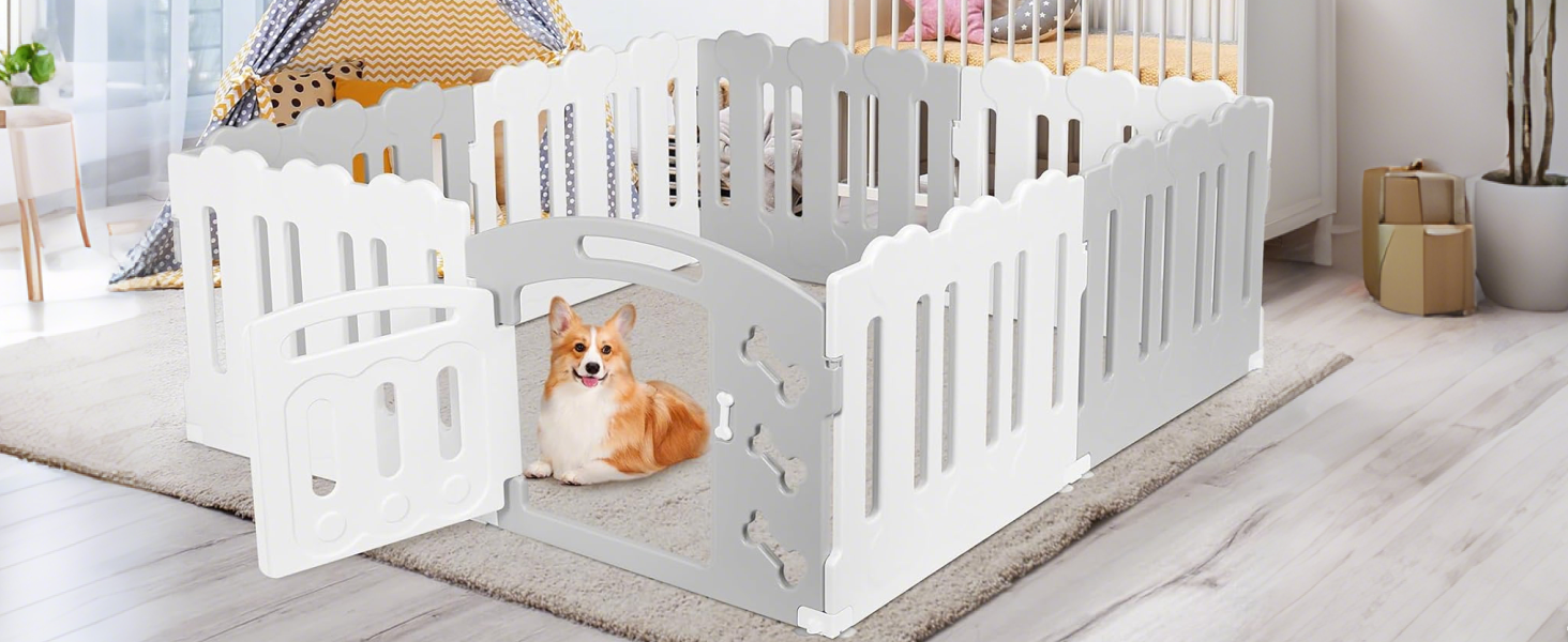 Летворешітка для цуценят Mamizо 60см, сталева та пластикова, з воротами та фіксаторами, для дому та на вулицю (7+1, сіро-біла)