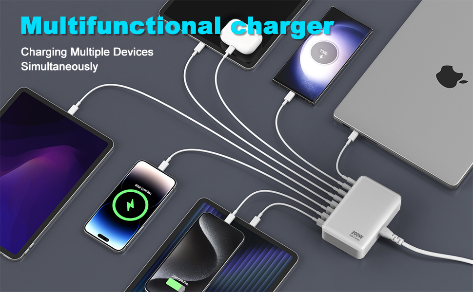 Зарядний пристрій USB-C 200W, 8 портів, GaN адаптер для MacBook Air/iPad/iPhone 15/16/Galaxy S23 - Білий