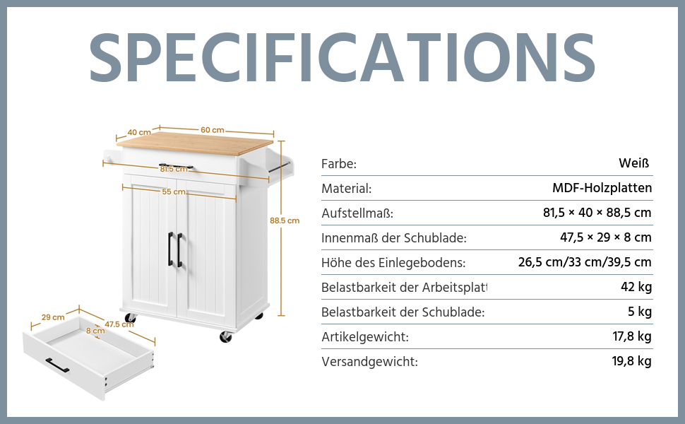 Кухонний візок Yaheetech на колесах з ящиком та 3 полицями, білий, 60x40x88,5 см