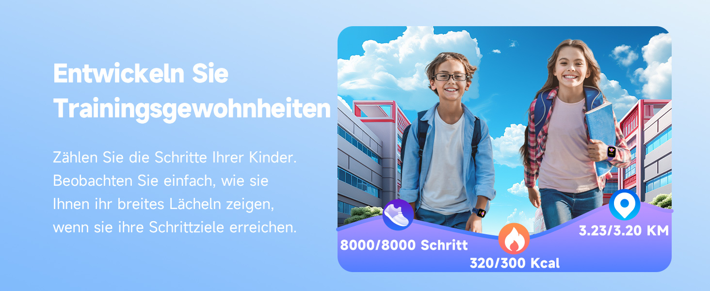 Смарт-годинник BIGGERFIVE для дітей, 1.8' екран, фітнес-трекер з підрахунком кроків, пульсометр, моніторинг сну, будильник, 5 ігор, водонепроникність IP68, ремінець з нейлону блакитного кольору