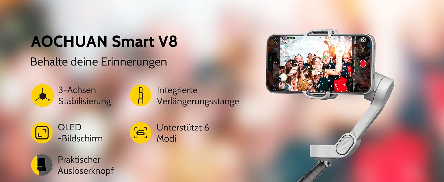 Стабілізатор гіроскоп AOCCHUAN Smart V8 з 7.8-дюймовою штангою, AI-трекінг, OLED-дисплей, кнопка зйомки (Чорний)
