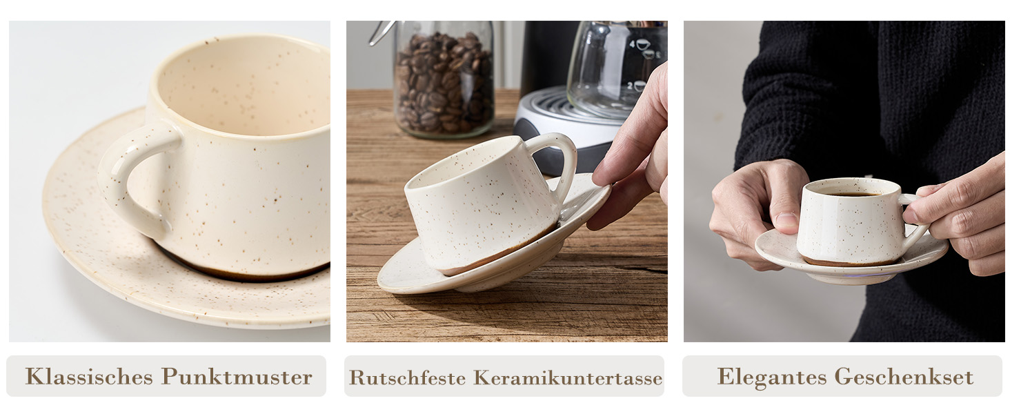 Набір керамічних чашок та підставок для кави з металевим стійкою (6 шт., 130 мл) - Cappuccino, Espresso, Latte, Americano, Чорний колір