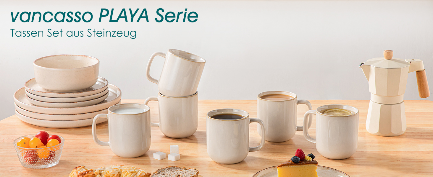 Набір кавових чашок Vancasso PLAYA, 6 шт, 480 мл, з ручкою, з кераміки, для мікрохвильовки та посудомийної машини, бежевий