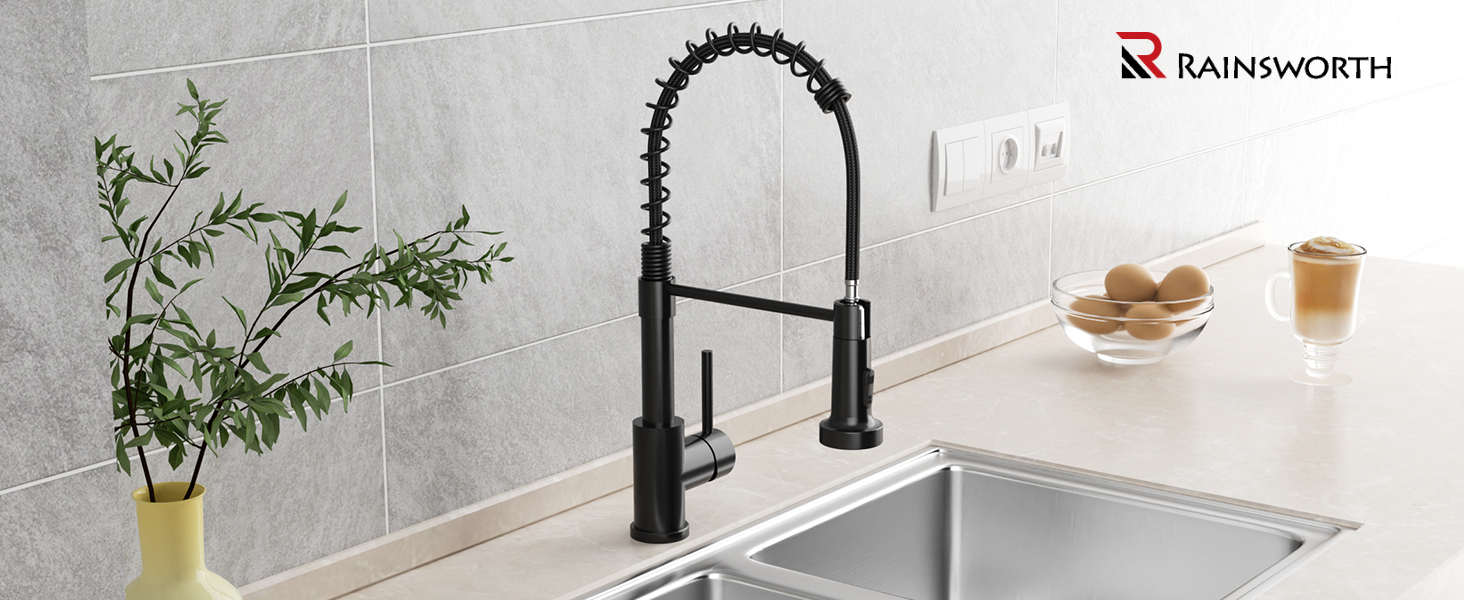 Кухонний змішувач Rainsworth з нержавіючої сталі, чорний, з висувною лійкою та двома струменями, 360° обертання, 45 см