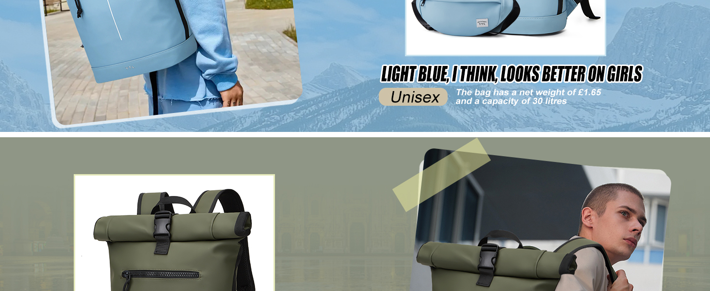 Чорний рюкзак YTL Rolltop з відділенням для ноутбука 17 дюймів. Ідеальний для подорожей, школи, університету, велопоїздок.