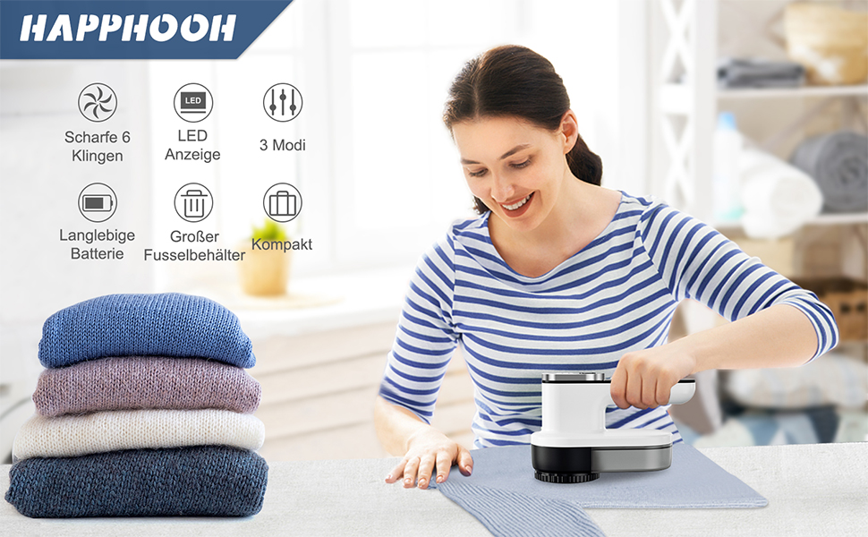 Машинка для видалення катишків HAPPHOOH з USB-зарядкою, 3 швидкості, LED-індикатор, для одягу та меблів