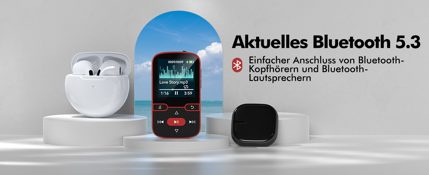 MP3 плеєр 64GB Bluetooth 5.3 з кліпсою, Hi-Fi, для спорту, з FM-радіо, диктофоном, крокоміром, підтримка картки до 128GB, червоний