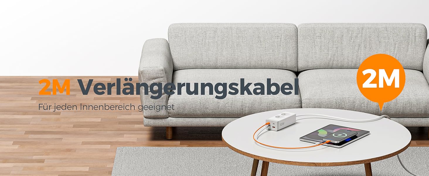 TESSAN Розподільник розеток USB-C 30W з GaN, 2 розетки, 2м кабель, захист від перенапруги 3600W, білий