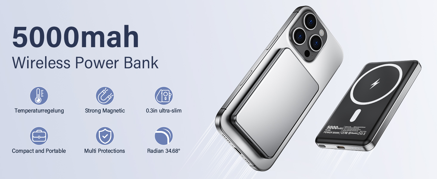 Power Bank MiniMag Ultra Slim 5000mAh з PD 22.5W та бездротовою зарядкою 15W (Mini, Portable, iPhone, Android)