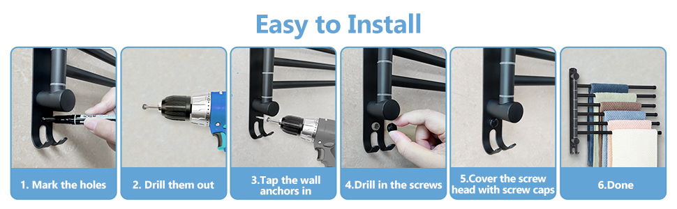 Тримач для рушників JSVER з нержавіючої сталі, 6-ти секційний, поворотний, чорний, 34 см