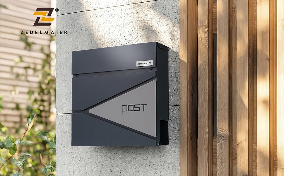 Поштовий ящик Zedelmaier XXL з нержавіючої сталі, індивідуальне гравіювання, 35x35 см, 4 ключі, для листів B5/C4, RAL 7016 Антрацит
