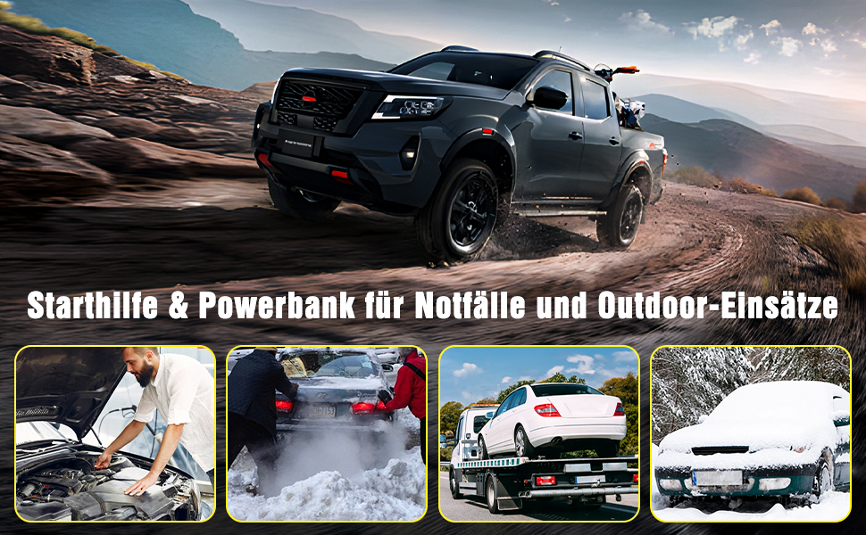 Powerbank Starthilfe 4000A: портативний пусковий пристрій для автомобіля 12V з LCD дисплеєм та LED ліхтариком. Підходить для бензинових (9.0L) та дизельних (7.5L) двигунів. Ідеально для SUV, мотоциклів та газонокосарок. Чорний колір.