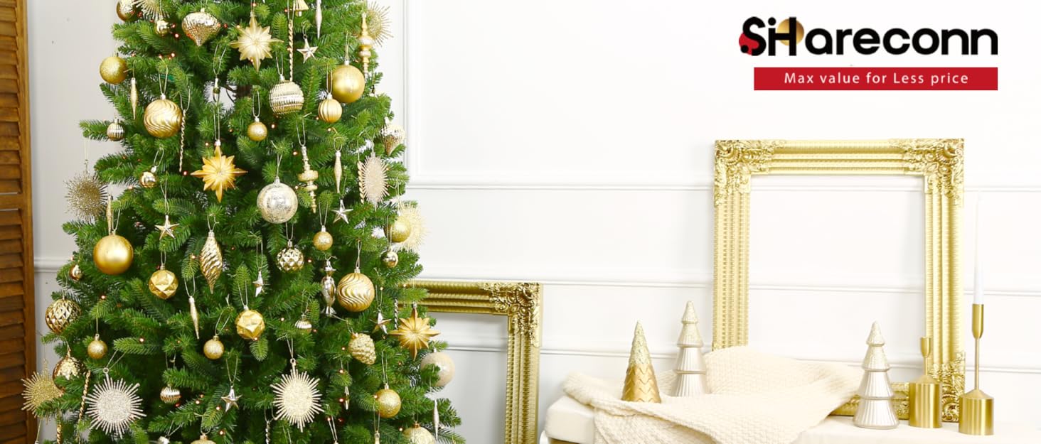 Набір ялинкових прикрас Shareconn, 80 шт., 4–12,5 см, міцні золоті пластикові кулі для ялинки, різдвяний декор, з ниткою для підвішування, темно- та світло-золоті кольори