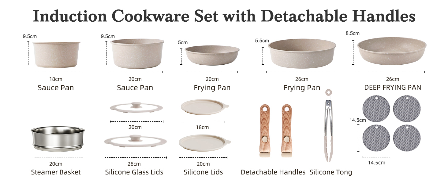 Набір посуду RIOVARM з індукційним дном, 15 предметів: каструлі та сковороди з антипригарним гранітним покриттям та знімними ручками, кришки з силікону. Без PFOA.