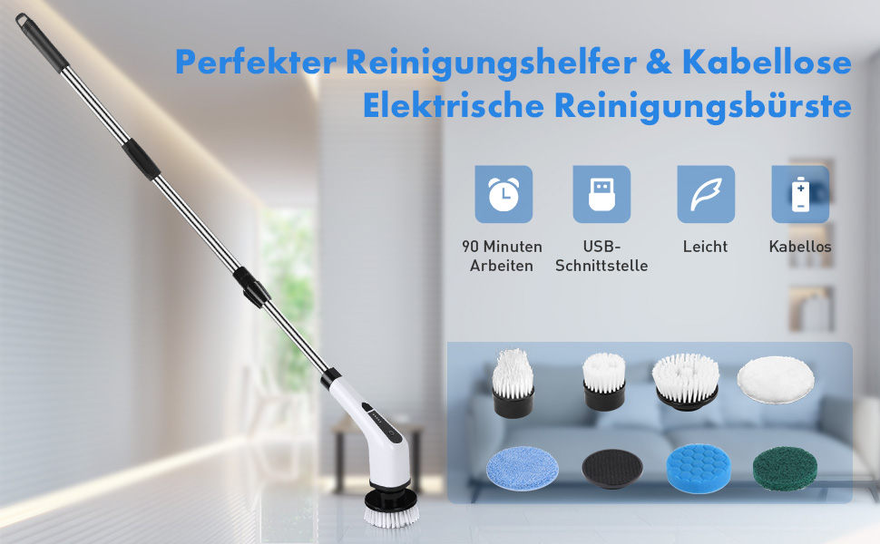 Електрична щітка для чищення OSDUE з 7 насадками, бездротова, водонепроникна IPX7, для ванни та плитки, з регульованою ручкою 137 см, біла