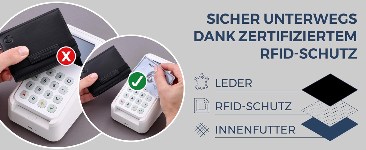 Шкіряний тонкий гаманець VON HEESEN з RFID-захистом, компактний картхолдер для чоловіків та жінок, чорний (гладка шкіра, XL відділення для монет)