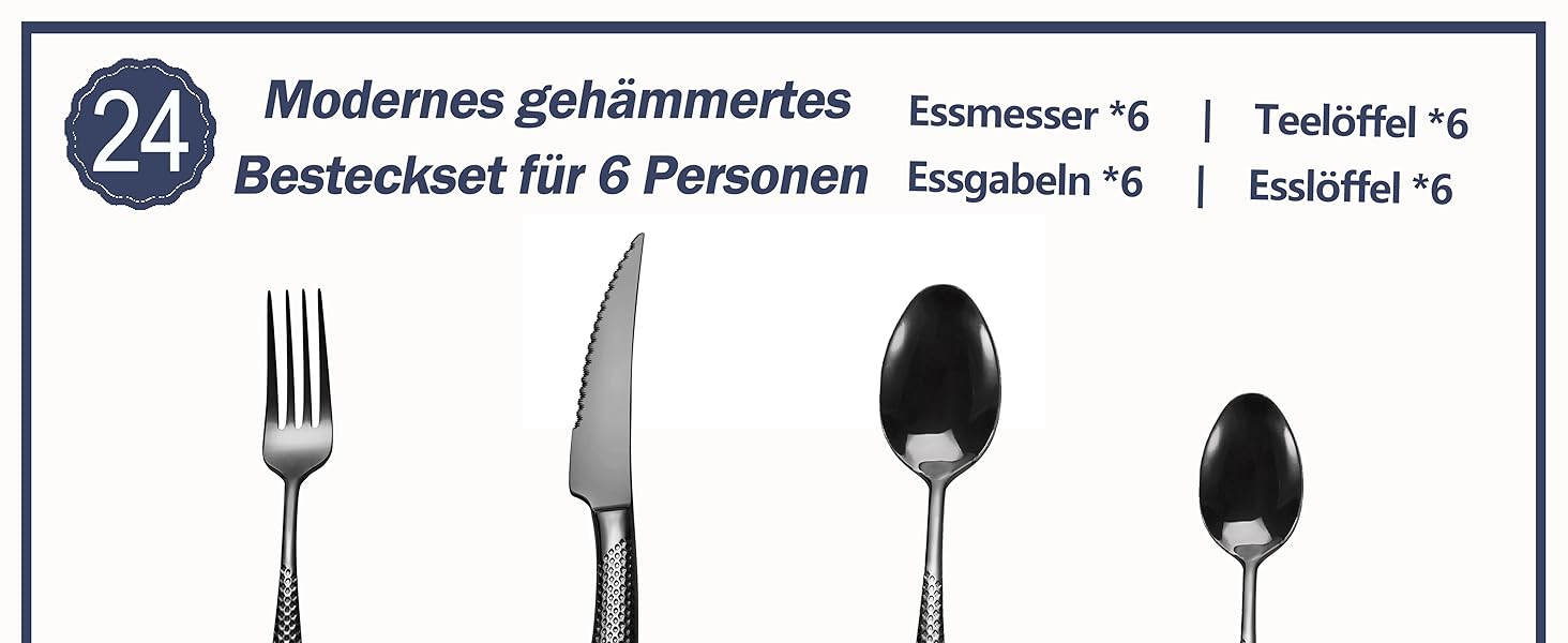 Сучасний набір столових приборів на 24 предмети: чорний, з нержавіючої сталі 18/10, з ножем 2-в-1 з хвилястим лезом, для 6 осіб