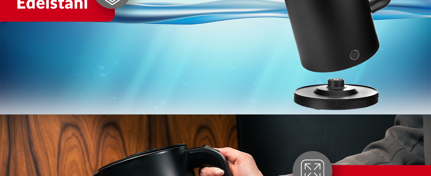 Електричний чайник LEHMANN з нержавіючої сталі 1,7л, 2200W, швидкий нагрів, подвійні стінки, автовимкнення та захист від перегріву, BPA-free, для дитячого харчування, чаю та кави, чорний