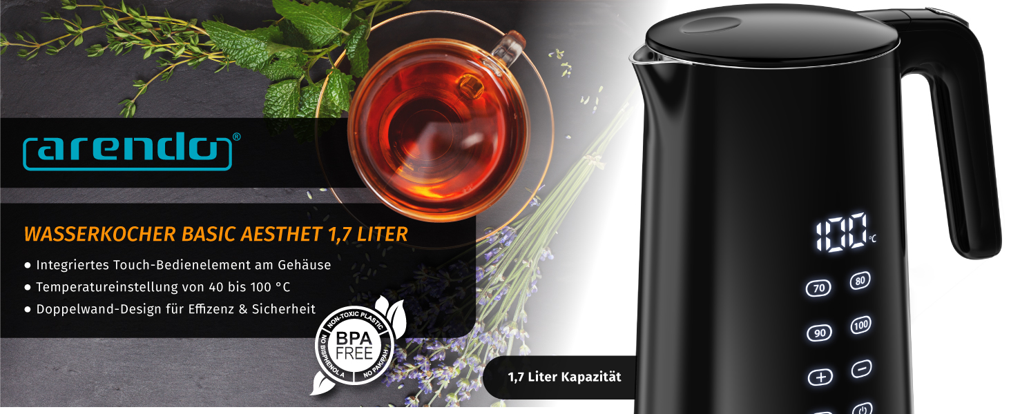 Електричний чайник Arendo з регулюванням температури, нержавіюча сталь, подвійні стінки Cool Touch, дисплей, бездротовий, 2200 Вт, 1,7 л, захист від перегріву, функція підтримання тепла, чорний