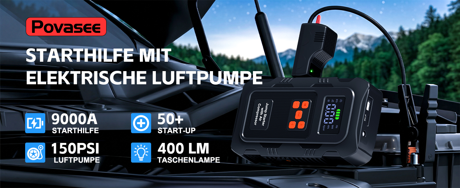 Пусковий пристрій Povasee Jump Starter 9000A з компресором 150 PSI, бустер для авто 12V та Powerbank з ліхтариком (Червоний/Чорний)