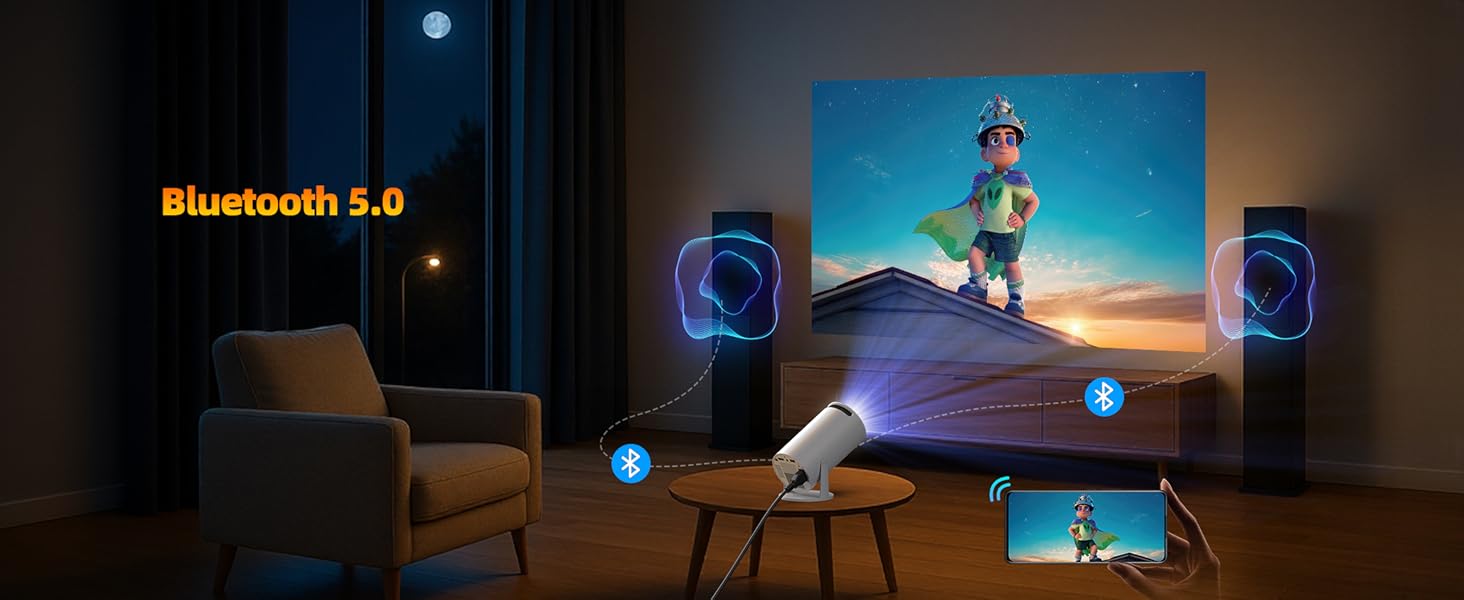 4K Міні проєктор Smart Beamers з WiFi 6, Bluetooth 5.0, поворотний 220°, Android 11.0 для дому та дітей. Підтримка HDMI, TV-Stick, USB, Laptop. Роздільна здатність 6-720p