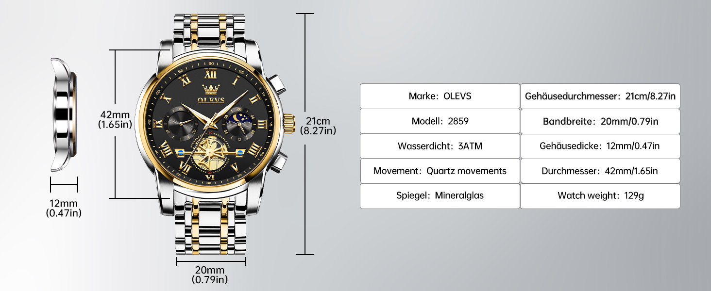 Годинник чоловічий OLEVS з металевим ремінцем, кварцовий, з місячною фазою, хронограф, водонепроникний (2859 Чорний / Двоколірний)