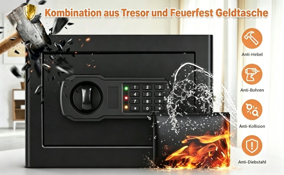 Сейф для дому Tresor 25L вогнетривкий, водонепроникний, з сигналізацією, полицею та кріпленням для документів А4, чорний