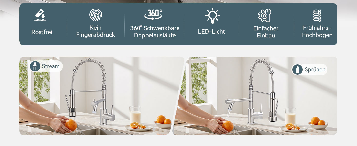 Сучасна кухонна змішувач Warmiehomy з LED-підсвічуванням, поворотний на 360°, з двома виливами, високий вигин, спіральна пружина, для мийки, з нержавіючої сталі, брашований нікель