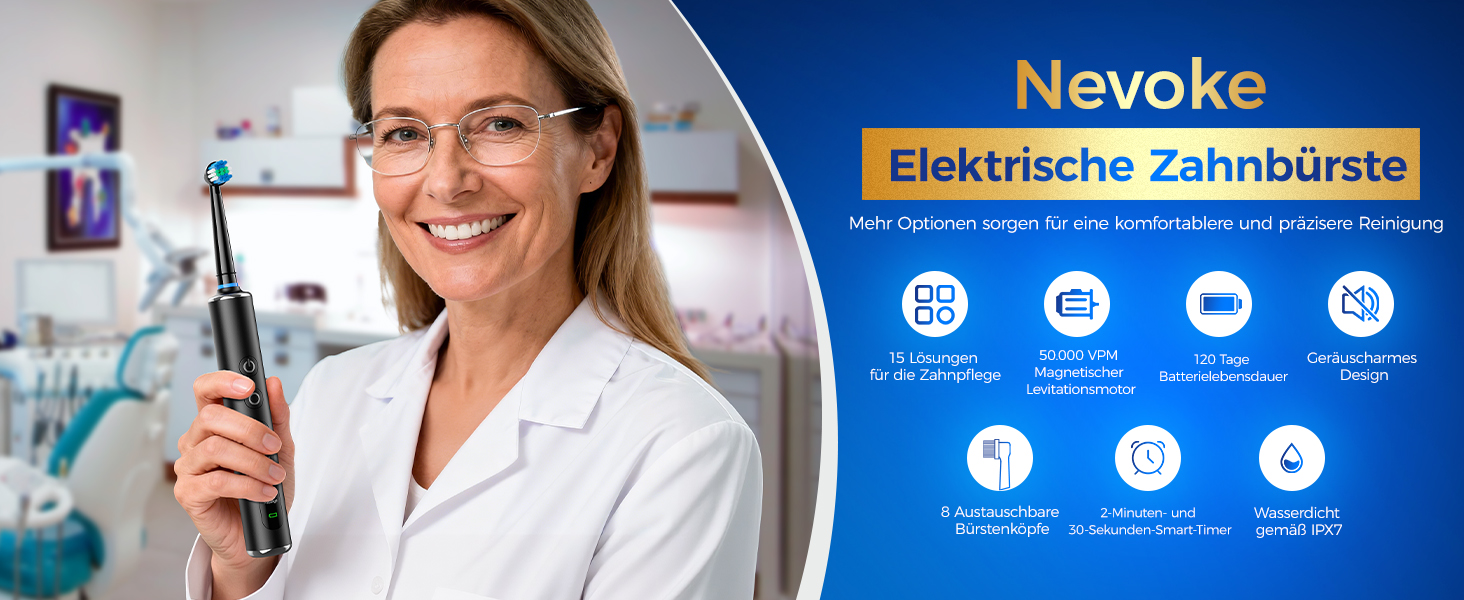 Електрична зубна щітка з круглою голівкою – 50 000 рухів/хв, 8 насадок, 3 режими інтенсивності та 5 режимів чищення, до 120 днів роботи, IPX7, кейс для подорожей та тримач, для дорослих та дітей (Чорний, 1 комплект)