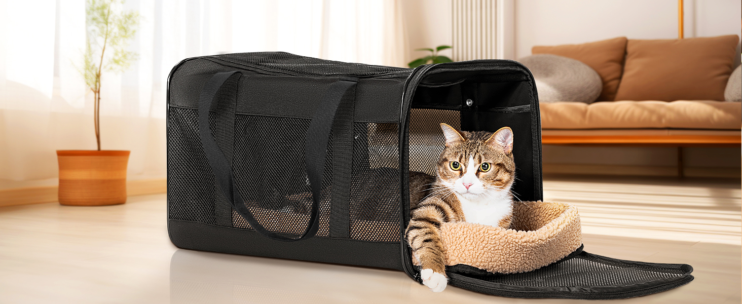 Транспортна переноска для кота та маленького собаки Petsfit, чорна, середнього розміру, з м'яким килимком та патентованими застібками