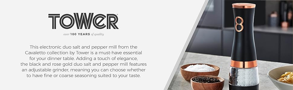 Електричні соляні та перечні млини Tower, рожевий та рожеве золото, з регульованими керамічними жорнами, працюють від батарейок, T847004PNK (Чорний)