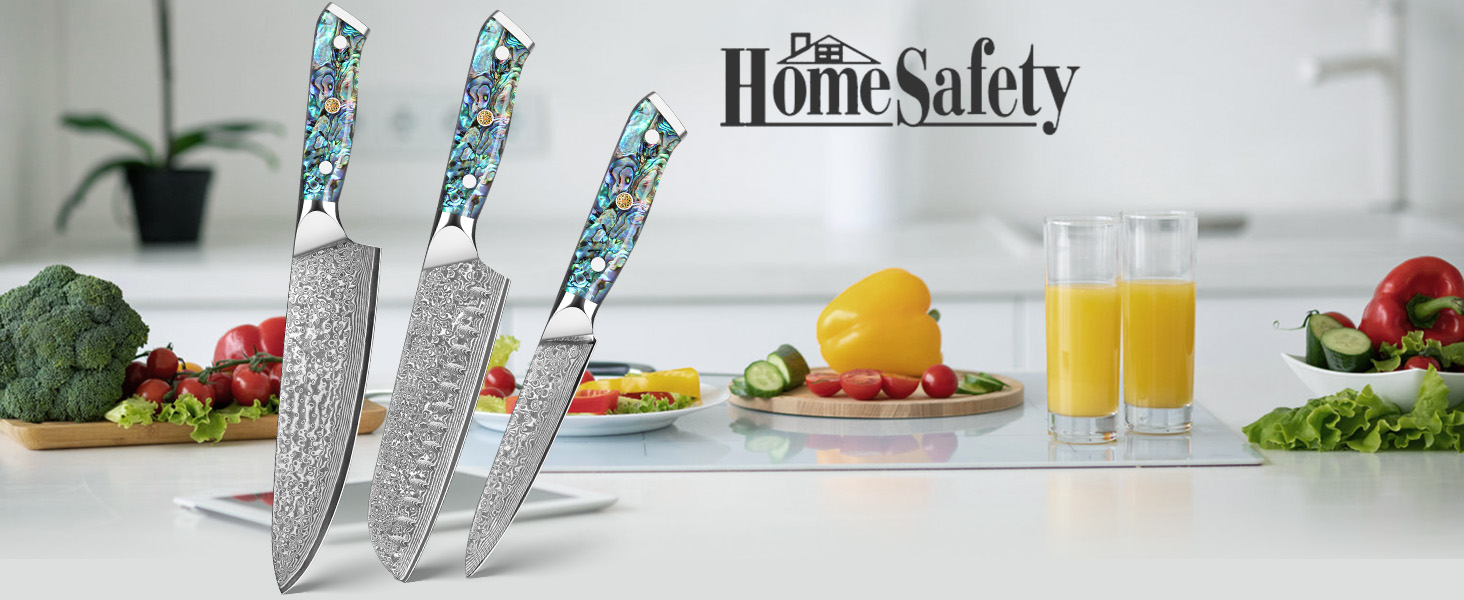 Набір кухонних ножів Damast Santoku 3 шт. з лезом 18 см (VG-10 сталь, ручка Abalone), подарункова коробка