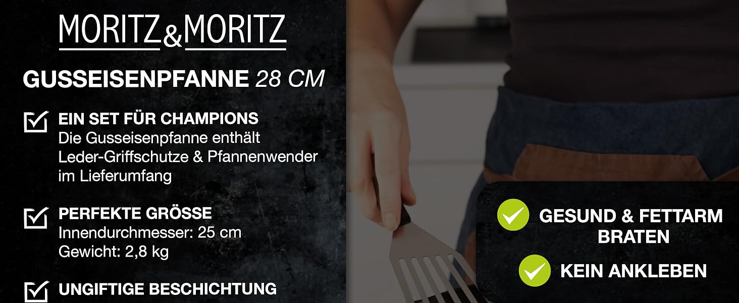 Чавунна сковорода Moritz & Moritz 28 см з антипригарним покриттям для індукції, всіх плит, духовки та гриля + лопатка