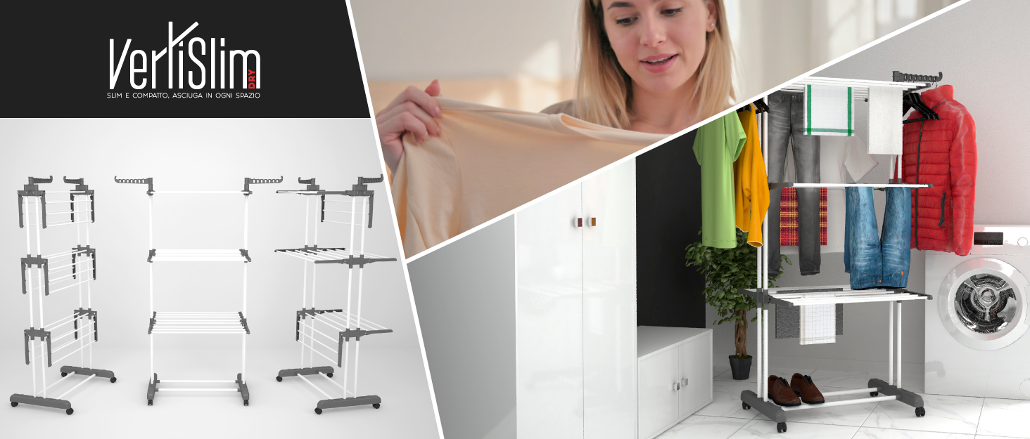 Сушарка для білизни VertiSlim Dry складана, вежа з 4 рівнями, нержавіюча сталь, з колесами та бічними крилами, сіра - для дому та вулиці