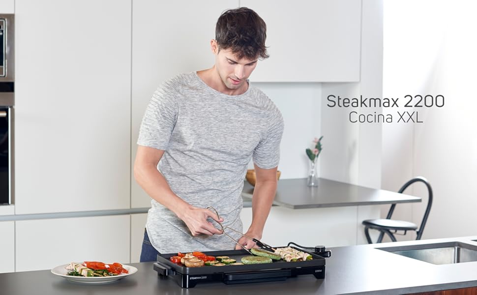 Тaurus Steakmax 2200 – гриль-плита з антипригарним покриттям, без PFOA, 2200 Вт, велика поверхня 49 x 27 см, легке очищення, збірна миска для жиру, протиковзкі ніжки, Чорний колір