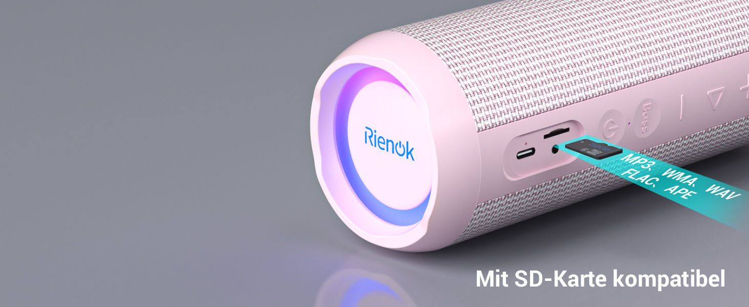 Bluetooth портативна колонка RIENOK з підсвіткою, IPX7, рожева, 3600 mAh