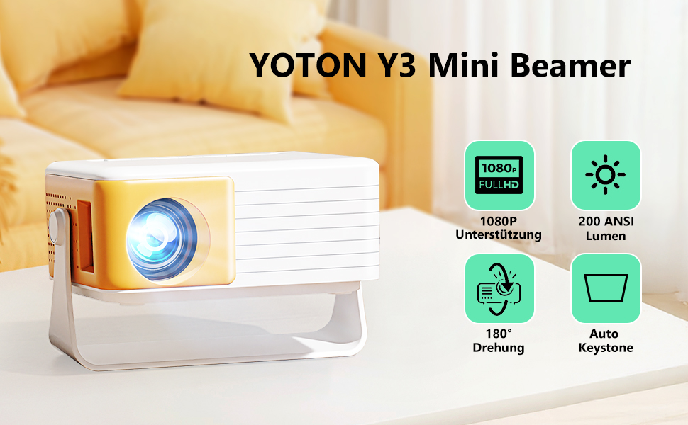 Міні проектор YOTON Y3 1080P: портативний, для домашнього кінотеатру, HDMI/USB/Phone/PS5, жовтий