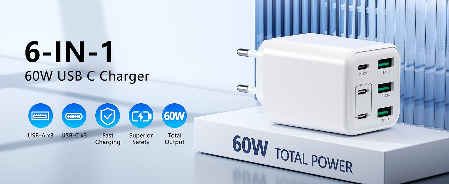 Зарядний пристрій USB-C 60W, 6 портів (3x USB-C, 3x USB-A), PD+QC швидка зарядка, адаптер живлення для iPhone 14/15/16/17, Samsung S24/S23/S22 - Білий